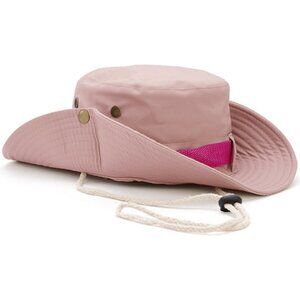Unisex Pink 100% Cotton Wide Brim Boonie With Chin Strap Classic Bucket Sun Hat